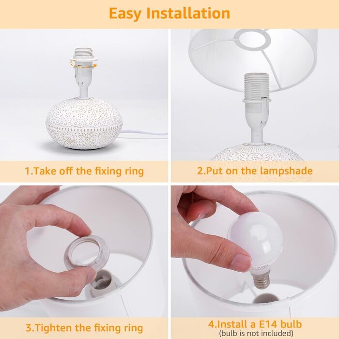 Керамічна настільна лампа Aigostar Vintage з абажуром з тканини, патрон E14, макс. 40W, сучасна лампа для спальні, вітальні, офісу (без лампочки) - H235mm (білий - H22.5cm)