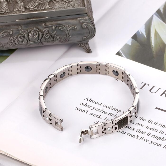 Чоловіче магнітне браслет JewelryWe з нержавіючої сталі, терапевтичний ефект, великий, масивний, з ланцюжком, для здоров'я, подарунок на День батька (вуглеволокно & цирконій, чорний/сріблястий)