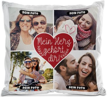 Фотоподушка з наповнювачем PR Print Royal, 40x40 см, біла, м'яка, з принтом «Моє серце належить тобі», для фотоколажу з 4 власних фото, подарунок