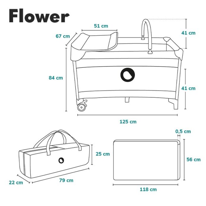Lionelo Flower 4in1 Travel Cot Baby, Playpen Baby with Side Entrance, Changing Table, Two Mattress Suspension Heights, Play Arch with Figures, Wheels, Carry Bag 1 Piece (1 Pack) Pink