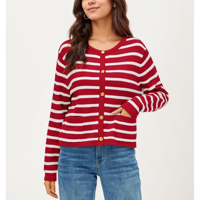 Жакет жіночий короткий з 2 кишенями на ґудзиках, смугастий пуловер, стильний осінній кардиган з круглим вирізом, модний в'язаний пуловер (S, Червоний)