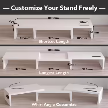 BONTEC Dual Monitor Stand Riser, Desktop Monitor Stand with Smartphone Holder, Adjustable Length and Swivel Angle Wooden Desktop Organizer Monitor Stand for PC Monitor Laptop Printer, White