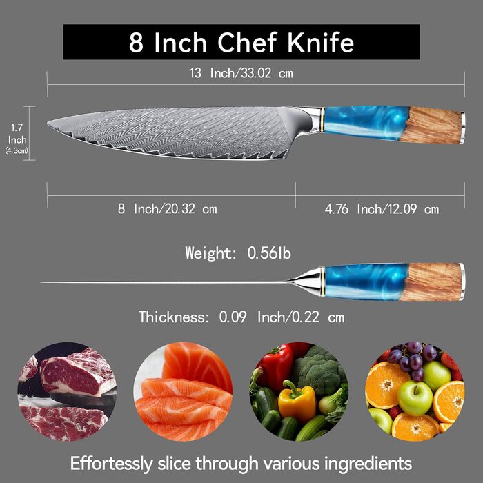 Японський кухонний ніж Hoforife 20 см з дамаської сталі VG10, професійний, з ергономічною ручкою, у подарунковій коробці