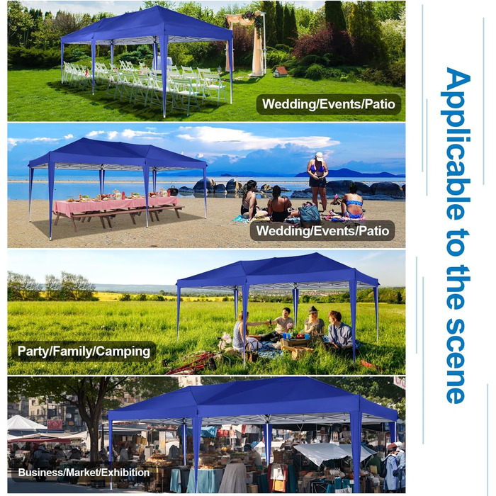 COBIZI Pop-up Pavilion 3x3, Folding Pavilion 3x3 Waterproof, Stable, Winter-proof |8x Pegs|4x Wind Rope|UV Protection 50+|High-Density Tarpaulin| Pavilion Foldable 3x3m Party Tent Folding Pavilion 3x3 Garden Pavilion (Navy Blue, 3x6m with 6 Side Walls)