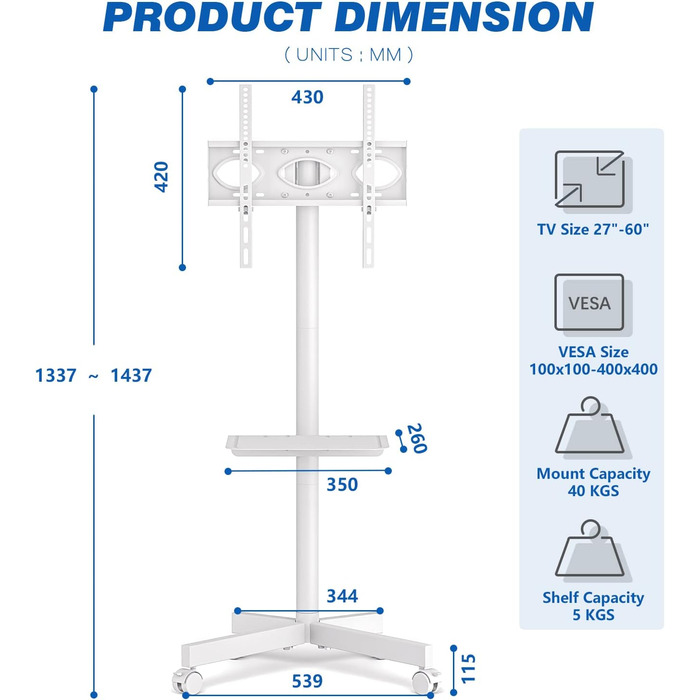 Rolling TV Stand with Wheels - Adjustable Height Mobile TV Trolley for 27-60 inch TVs - VESA 400x400 - 40kg Capacity - White