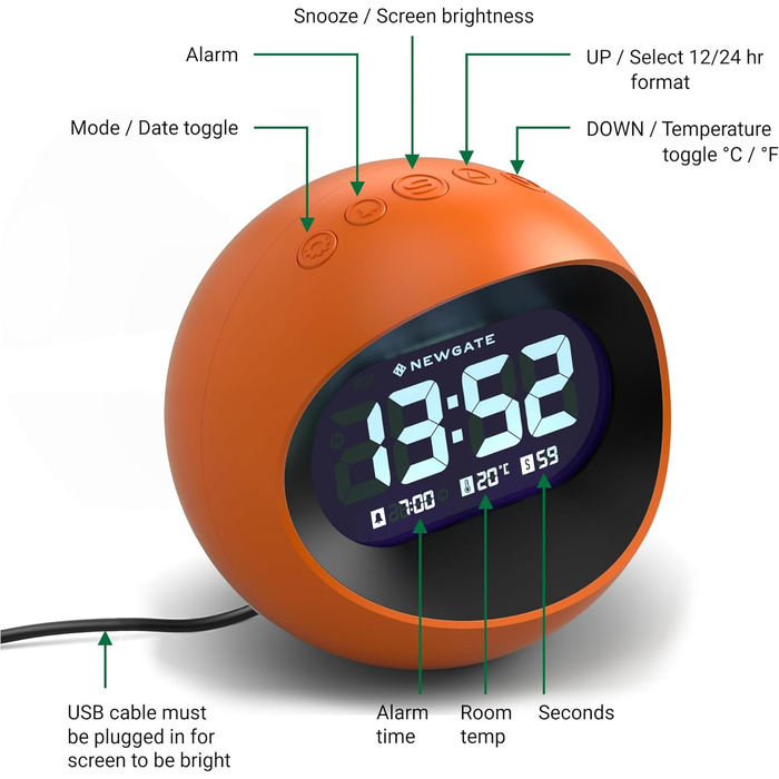 NEWGATE® Digital Centre of the Earth Alarm Clock (Orange with Black LCD Display)