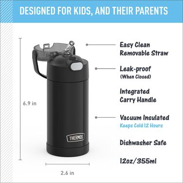 Дитяча термопляшка Thermos Funtainer зі сталевим корпусом та трубочкою, вакуумна ізоляція, 355 мл, чорна