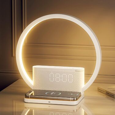 Нічна лампа RETEYUNG з бездротовою зарядкою 10W, 2 будильники, денний світловий будильник, 10 заспокійливих звуків, сенсорне регулювання яскравості (3 рівні), стиль арт-деко