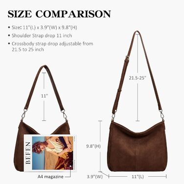 Жіноча сумка-шопер Befen з натуральної шкіри, м'яка сумка-хобо через плече, середній розмір з 2 ремінцями - класична елегантна (Коричнева замша)