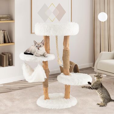 Дерев'яна кігтеточка SOARS для котів з 3-ма природними стовбурами, ліжко та плюшеві поверхні, з іграшковим м'ячиком та джутовим мотузком, багатоярусна, 59 x 49 x 110 см, білий колір