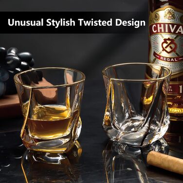 Glskey Crystal Whiskey Glasses Set - 4 Pack, 350ml Lead-Free - For Whiskey, Rum, Vodka, Gin, Scotch, Cognac & Water - Dishwasher Safe, Distorted Shape