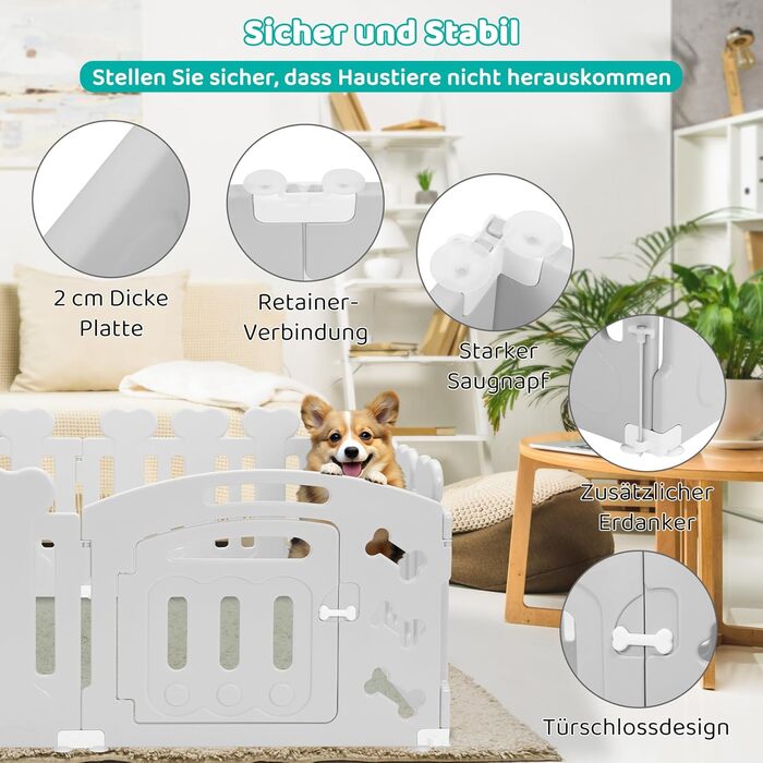 Забіг для цуценят MAMIZO 60 см, вольєр для собак з 7+1 пластикових панелей, сірий. Забіг для собак вдома та на вулиці, з тор, включаючи присоски та ґрунтові анкери.