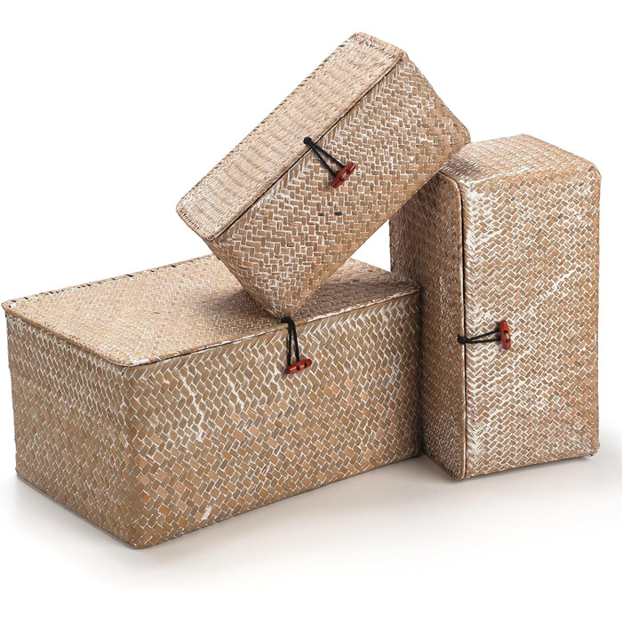 Кошики для зберігання з морської трави з кришкою, 3 шт. (великий, середній, малий), натуральний матеріал, для білизни