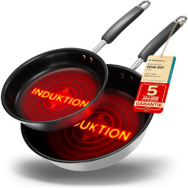 Набір сковорідок з нержавіючої сталі для всіх типів плит 20см та 28см з антипригарним покриттям - 10 років гарантії, ергономічні ручки, рівномірний розподіл тепла, придатні для миття в посудомийній машині та використання в духовці - Набір сковорідок 28см+20см