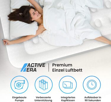 Надувне ліжко Active Era Premium для 1 людини, самонадувна матрац з електричною помпою та вбудованою подушкою, 99x187x53 см, ідеально для кемпінгу та гостей