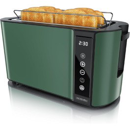 Тостер Arendo з нержавіючої сталі, 4 слоти, сенсорний екран, подвійні стінки, 1500 Вт, підставка для булочок, 7 рівнів підсмажування, центрування хліба, таймер, пам'ять, індикатор E: Green