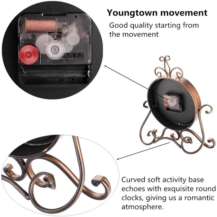 HZDHCLH Retro Silent Roman Table Clock for Living Room Bedroom Office Art Desk Clock (Copper)