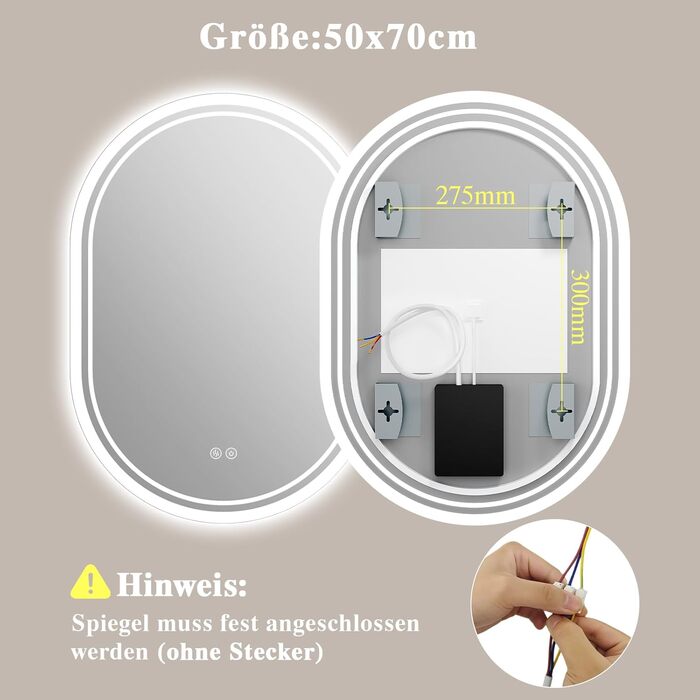 LED дзеркало для ванної кімнати Badspiegel з підсвічуванням, антизапар, сенсорне управління, регулювання яскравості, 3 кольори світла, овальне, 50x70 см