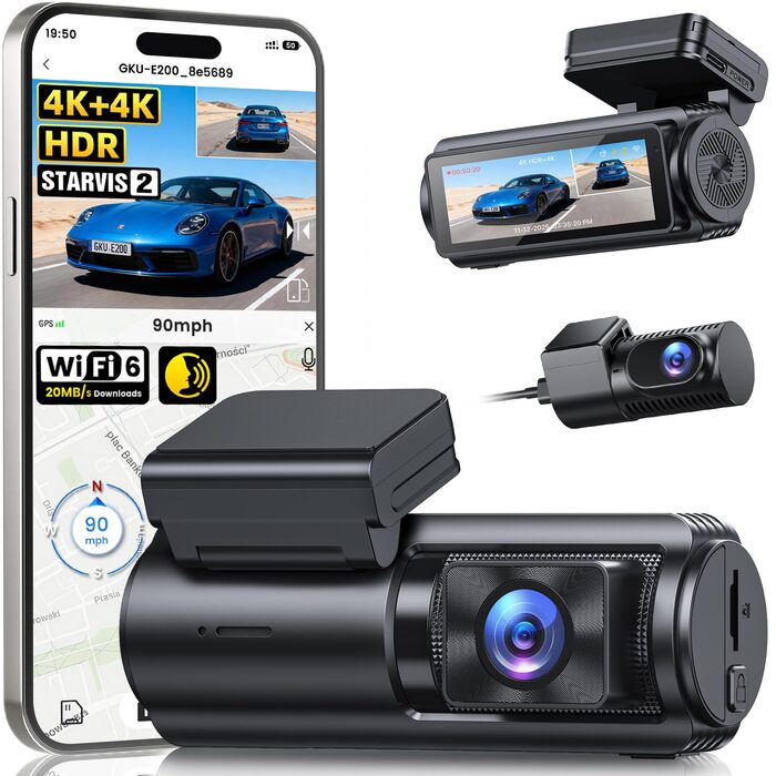 Автомобільний відеореєстратор GKU 4K+4K передній та задній, сенсор STARVIS 2, HDR нічна зйомка (Deep Black)