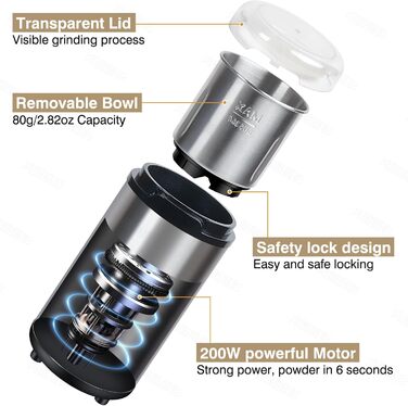 Електрична кавомолка Suewow: потужний 200W мотор, для кави, спецій, горіхів. Багатофункціональна, велика ємність (срібна)