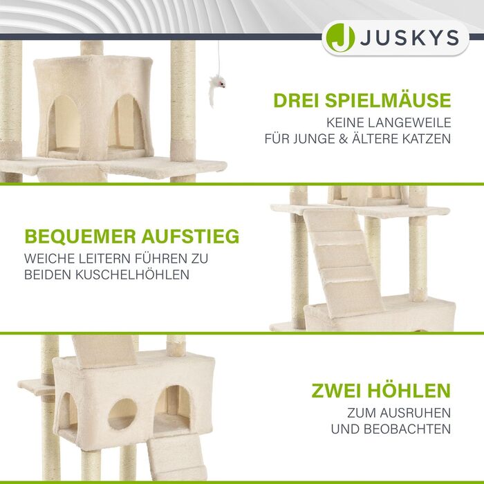 Дерево для котів Juskys Amy XXL - з печерами, лежанками, сходами та сизалевими стовпчиками. Стабільний котячий комплекс 170 см, сірий (бежевий)