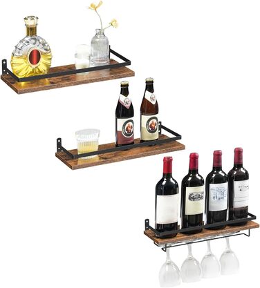 HOOBRO Wall Mounted Wine Racks 3-Piece Set, Wine Racks, Hanging Floating Wall Shelves, Wine Glass & Bottle Holders, Stemware Holders, for Living Room, Dining Room, Kitchen, Vintage Brown and Black EBF34BJ01