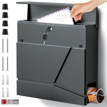 Поштовий ящик Edestahl Anthrazit з газетницею (37x37x10 см), персоналізований з табличкою для імені, вуличний, захист від реклами