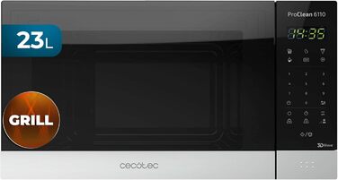 Мікрохвильова піч Cecotec Pro Clean 6110: 23 л, 800 Вт, гриль 1000 Вт, покриття Ready 2 Clean, LED, нержавіюча сталь, чорно-срібний колір