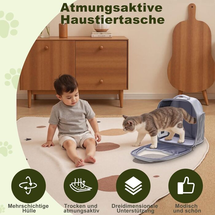 Рюкзак для кота/собаки до 7 кг, дихаючий, з сіткою та страхувальним ремінцем – водонепроникний оксфорд, для подорожей, ветеринара (сірий)