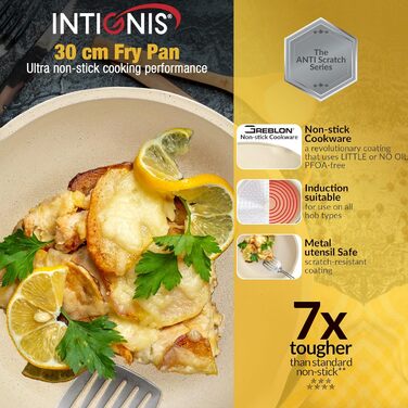 INTIGNIS® Преміум сковорода з кришкою, антипригарна, 30 см, глибока, сумісна з усіма типами плит (включно з індукцією), без хімікатів, з надзвичайною антипригарним покриттям (біла, 30 см)
