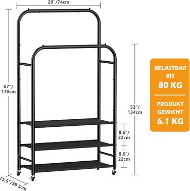Вішалка для одягу HOMIDEC з 3 полицями, подвійна штанга на колесах, металевий каркас, чорна. Макс. навантаження 80 кг