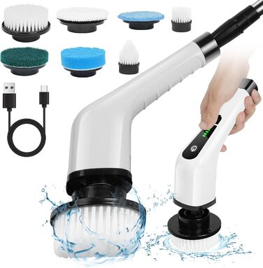 Електрична щітка для чищення OSDUE з 7 насадками, бездротова, водонепроникна IPX7, для ванни та плитки, з регульованою ручкою 137 см, біла