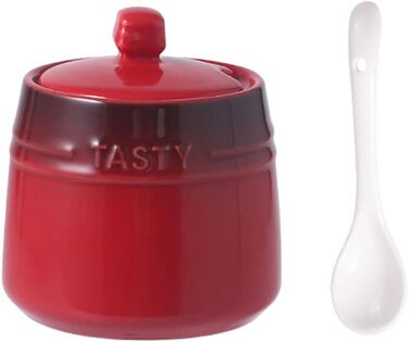 Colorful Ceramic Spice Jar, Spice Container, Sugar Bowl with Lid and Spoon - Red