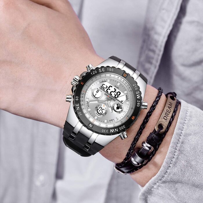 Чоловічий військовий спортивний годинник: цифрові та аналогові функції, водонепроникність, дата, будильник, світіння, секундомір. Великий годинник для чоловіків, сріблястого кольору.