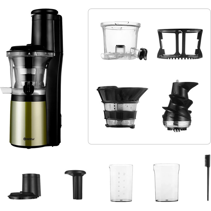 Wiltal Slow Juicer, Electric Juicer for Fruits, Vegetables, Pomegranate, Citrus Fruits, Sorbet. 76mm Feed Chute with Wide Mouth, BPA-free, 150W, Black