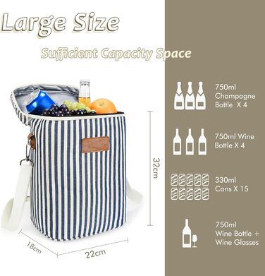 Kato Tirrinia Insulated Wine Cooler Bag, 4 Bottle Cooler Bag Wine Bag Beverage Bags with Handle and Adjustable Shoulder Strap, Gift for Wine Lovers for Picnic, Party, Beach (Cooler Bag 4 Bottles - Stripes)