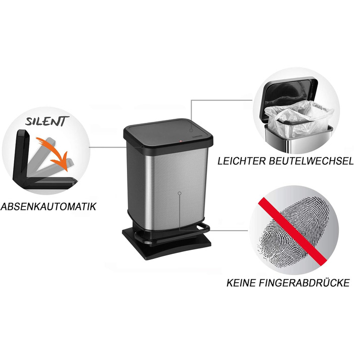 Відро для сміття Rotho Paso 20л з педальним механізмом, пластик PP, BPA-free, carbonmetallic