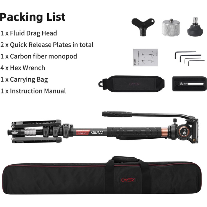 Штатив відео Cayer CF34DV з вуглецевого волокна 71 дюйм, з шарнірним голковим кріпленням та триногим основанням для DSLR-камер та відеокамер, з додатковою ковзною платформою