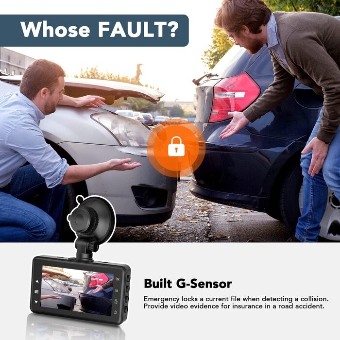 Відеореєстратор в авто з двома камерами, 1080P Full HD, 170° Кут огляду, HDR, LCD 3.0', Нічне бачення, Паркувальний режим, G-сенсор, Чорний
