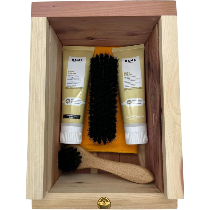 DELFA Shoe Care Cedar Wood Box - Real Wood Box with Bama Care Products - 5-Piece Shoe Care Set - Cream, Brush, and Polishing Cloth