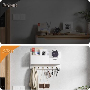 Настінна органайзер для ключів з 6 гачками та шухлядою, дерев'яний, для дому, офісу (білий)