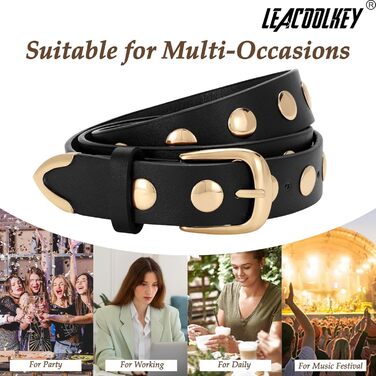 Жіночий шкіряний ремінь LeaCoolKey з пряжкою, з шипами, для джинсів та штанів, чорний, розмір M (82-91 см)