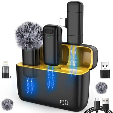 Бездротове мікрофон з кейсом для зарядки iPhone, iPad, Android, USB-C. Лавалерний мікрофон з шумозаглушенням для запису, YouTube, Facebook, TikTok, Vlog, Livestream, Plug and Play
