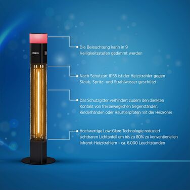 Електричний інфрачервоний обігрівач Arebos 1500W з LED-підсвічуванням та пультом керування | Обігрівач для тераси, вуличний, чорний