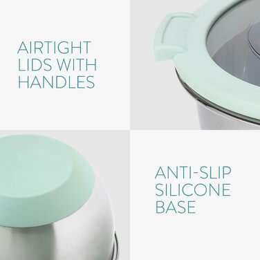 Navaris Stainless Steel Bowl Set with Lid - 3-Piece Mixing Bowl, Salad Bowl - Stainless Steel Bowl Set, Containers in Mint Green