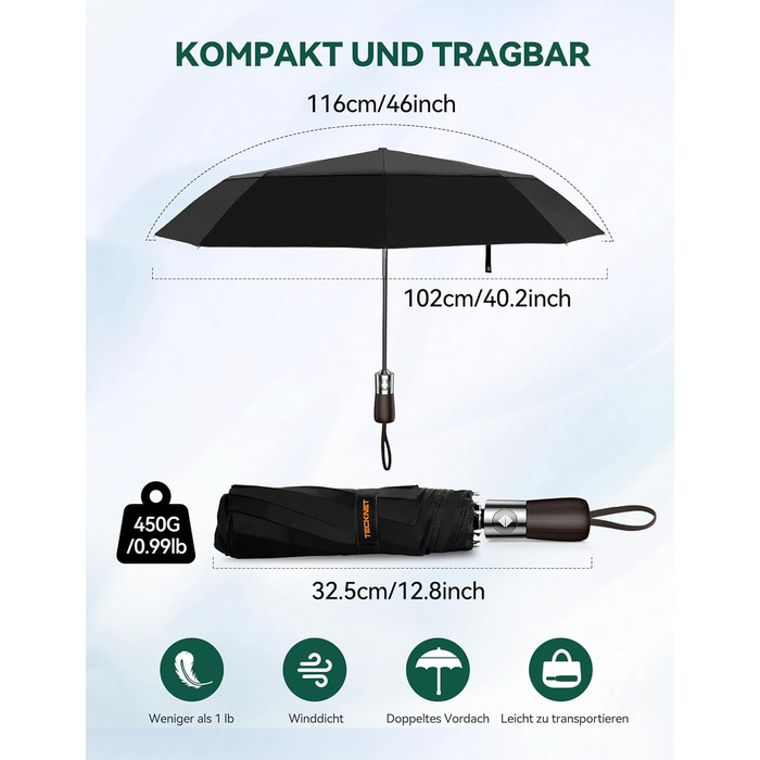 TECKNET Автоматичний парасолька, штормостійкий, легкий у використанні, чорний та червоний