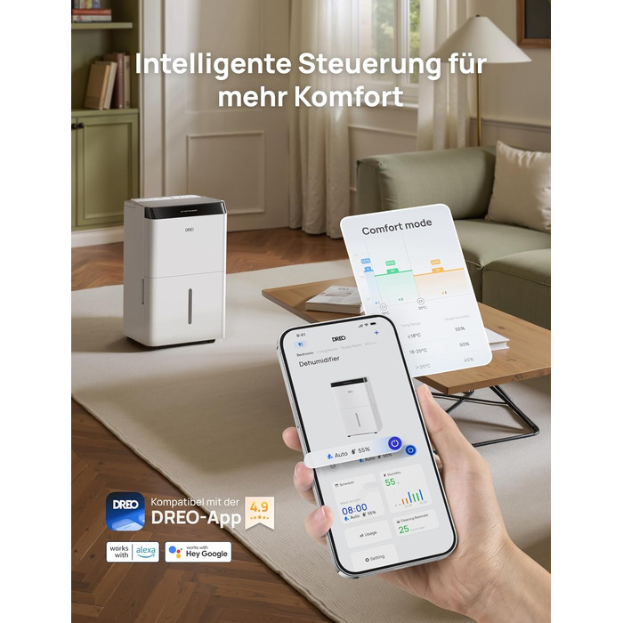 Dreo Розумний осушувач повітря /24h, для приміщень 37 м² – енергоефективний та тихий – керування через App & Alexa – 3 режими, таймер, регульована вологість, з відводом води, для спальні та ванної кімнати, білий (20L, чорний)