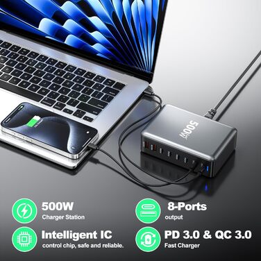 Зарядний пристрій USB-C 500W, 8 портів, GaN PD PPS, для MacBook Pro/Air, iPad, iPhone 15/16, Galaxy S23 - чорний