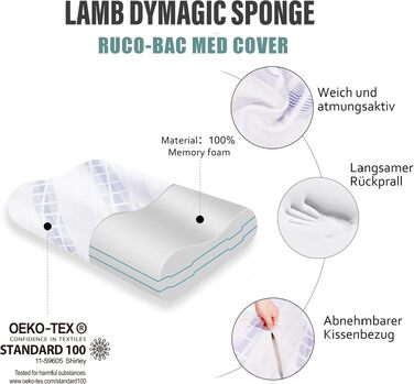 Ергономічна подушка для шиї та голови LAMB з ефектом пам'яті (Memory Foam), регульована висота, для сну на боці, з мийним чохлом, 60x36x12/10 см, синя