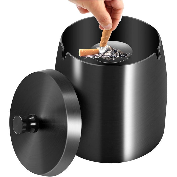 Склянка для сигарет на вулицю з кришкою, нержавіюча сталь, чорна. Антиковзаюча основа для використання на вулиці та в приміщенні